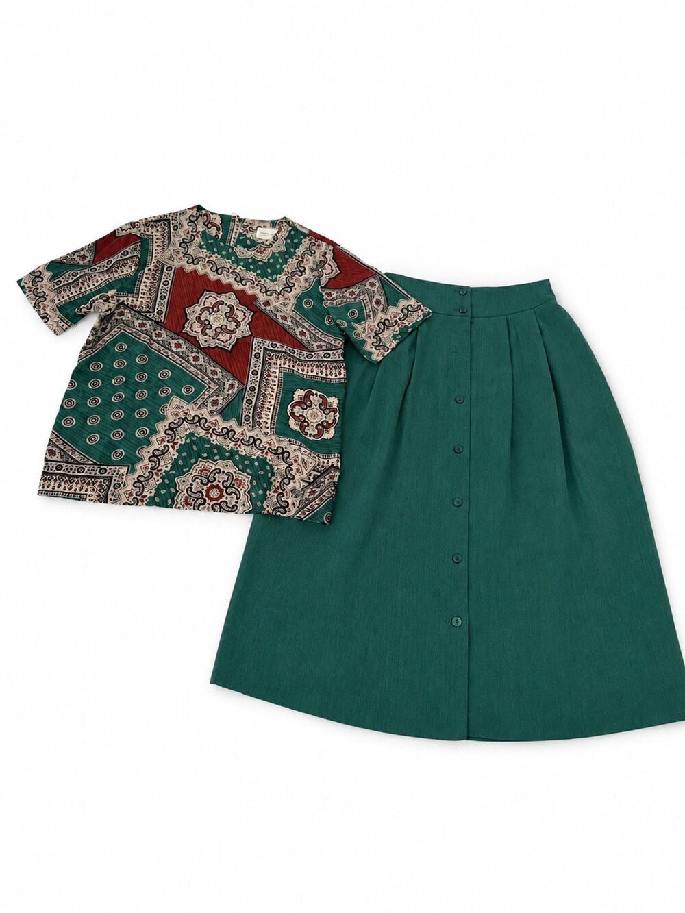 Graver Studio Women’s Medium 2 Piece Skirt Top Set Green Paisley Vintage